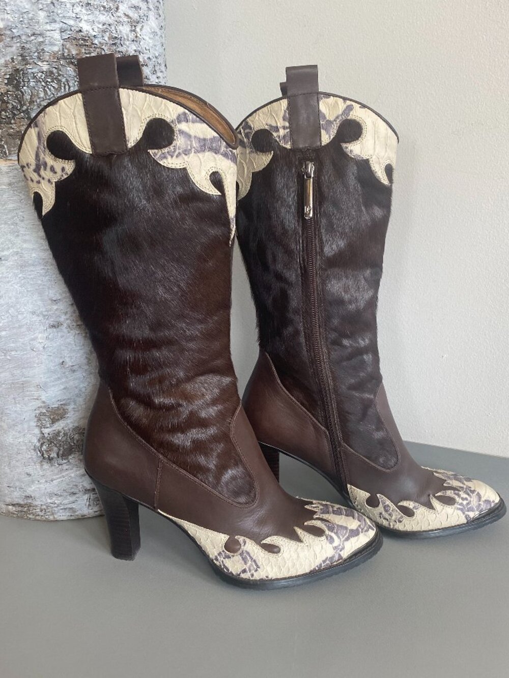 Donald J Pilner Leather Calf Hair Snakeskin Western Boots Sz 10 Fits 9.5 Brown